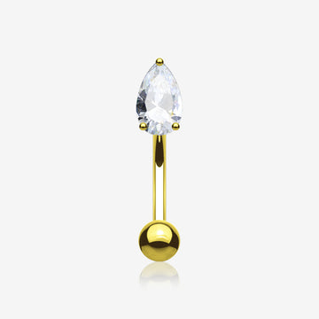 Golden Teardrop Gem Sparkle Prong Set Curved Barbell-Clear Gem